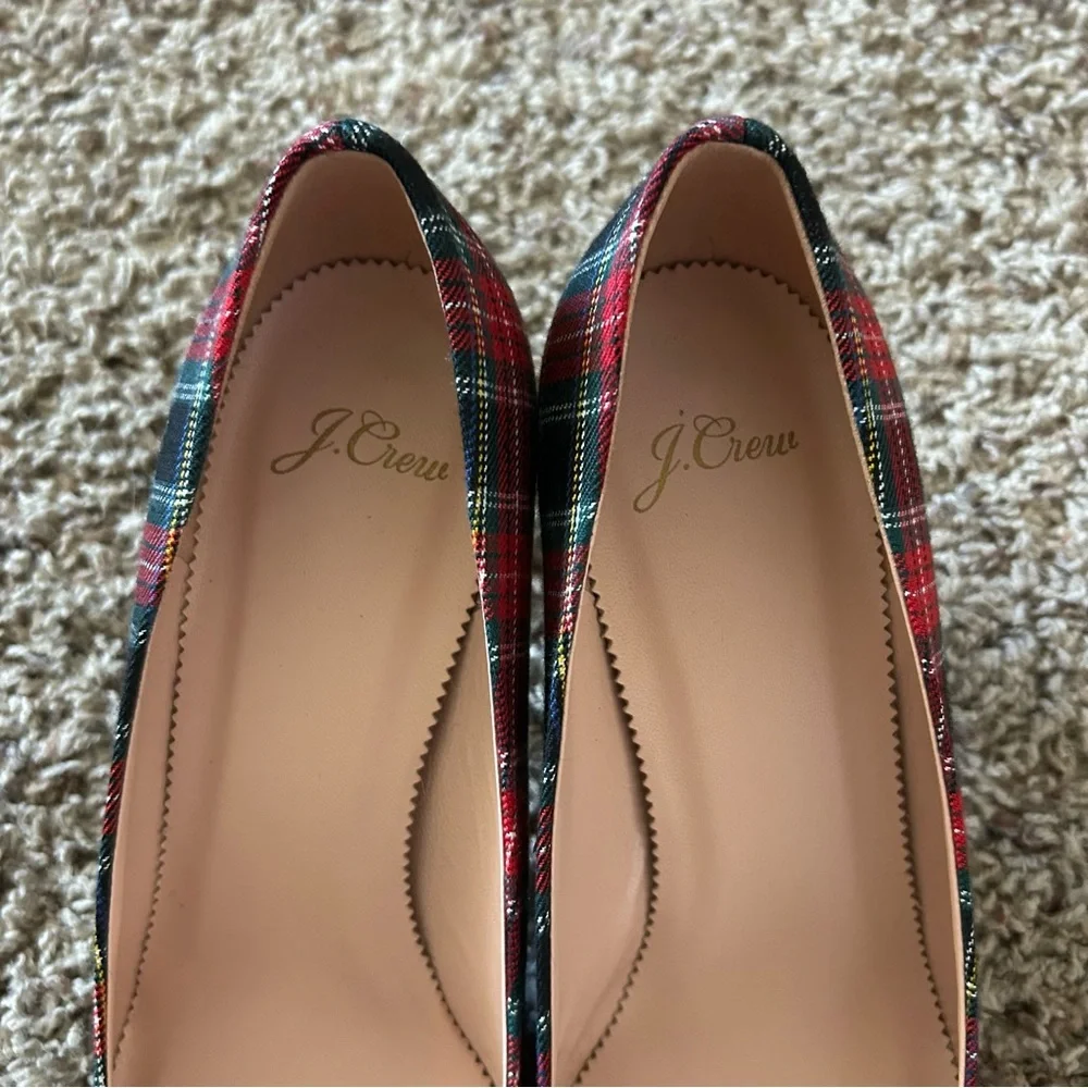 J. Crew Red Green Plaid Bow Pointed-Toe Kitten Heels